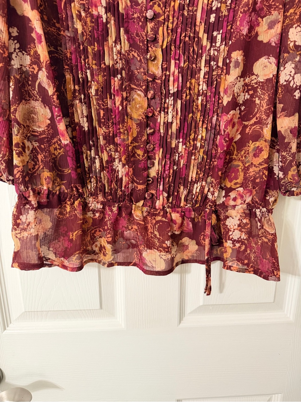 a.n.a Burgundy Floral Pintuck Blouse with Pink and Gold - Picture 3 of 8